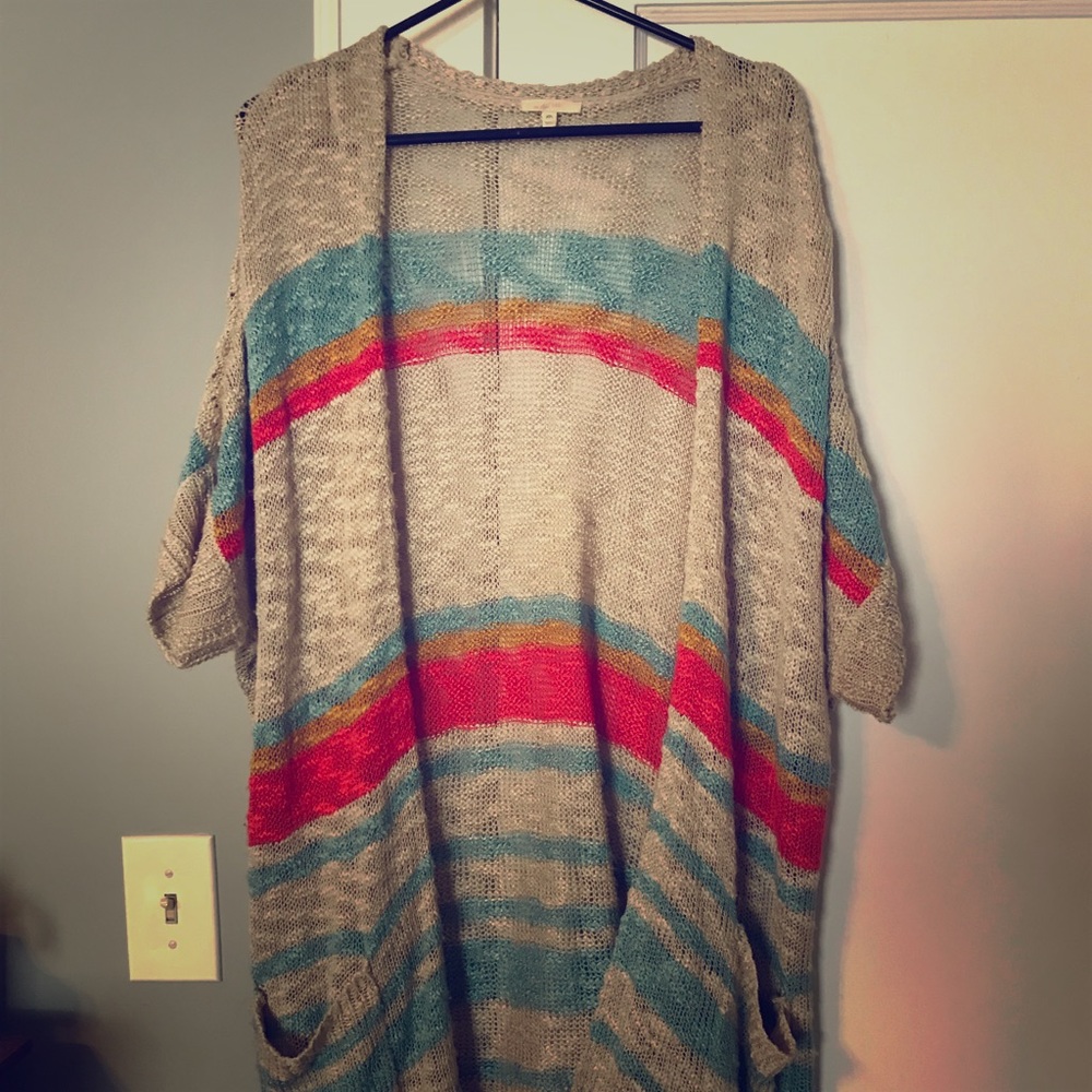 Short sleeve open front striped cardigan